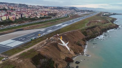 A Pegasus Airlines passenger plane skidded off the runway after landing at Trabzon, Turkey, in 2018. AFP Photo