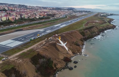 A Pegasus Airlines Boing 737 passenger plane is seen struck in mud on an embankment, a day after skidding off the airstrip at Trabzon's airport on the Black Sea coast on January 14, 2018. AFP Photo.