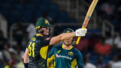 Mitchell Owen celebrates his half century during the first T20 victory against West Indies at Sabina Park, Kingston, Jamaica, on July 20, 2025. AFP