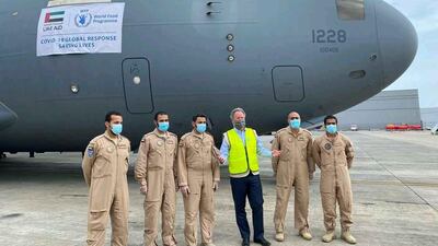 WFP chief David Beasley photographed with the C-17 shortly after it arrived in Accra, Ghana. Courtesy WFP