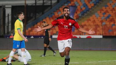 Egypt's Ahmed Yasser Rayan celebrates scoring their second goal during the International friendly match between Egypt and Brazil at the International Cairo Stadium. Reuters