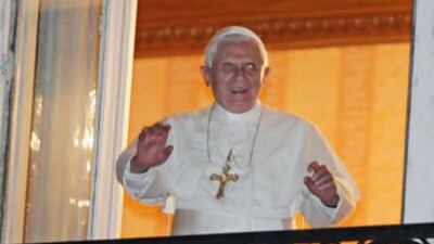 Pope Benedict XVI waves from the 'Annonciature' after the evening prayer service, Sept 12 2008 in Paris, France. The four day trip by the Pope to Paris and Lourdes is seen as an attempt to reinvigorate Catholicism in France.