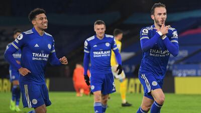 James Maddison (right) celebrates scoring the third and final goal in Leceister City's win against Brighton. AFP