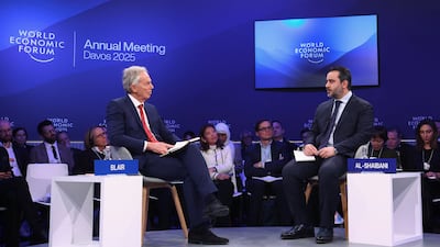 Syria's Foreign Minister Asaad Al Shibani, right, with former British prime minister Tony Blair in Davos. Yves Herman / Reuters