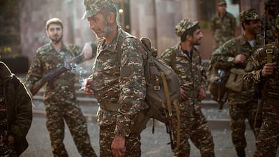 Ethnic Armenian volunteer recruits gather at a centre near Hadrut, self-proclaimed Republic of Nagorno-Karabakh. AP