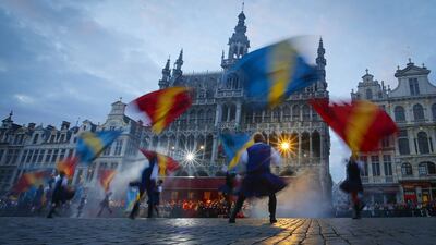 Performers in medieval costumes take part in the procession of ‘Ommegang’, at the Grand Place in Brussels, Belgium. Olivier Warnand / EPA