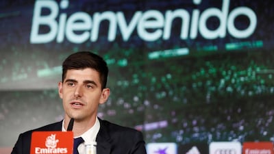 Thibaut Courtois at his Real Madrid news conference. EPA