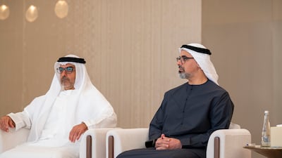 Sheikh Khaled bin Mohamed, Crown Prince of Abu Dhabi, with Sheikh Hamed bin Zayed, managing director of the Abu Dhabi Investment Authority, at the Presidential Airport. Photo: Ryan Carter / UAE Presidential Court