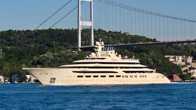 The 'Dilbar', a luxury yacht owned by the sister of Russian billionaire Alisher Usmanov, in the Bosphorus in Istanbul, Turkey, in May 2019. Reuters