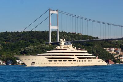 The 'Dilbar', a luxury yacht owned by Russian billionaire Alisher Usmanov, sails in the Bosphorus in Istanbul, Turkey. Reuters