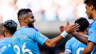 Manchester City's Riyad Mahrez celebrates his team's 5-0 lead. EPA