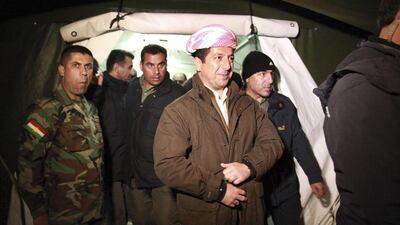 Masrour Barzani, head of the Iraqi Kurdish region’s national security council, speaks to reporters on the front line in the province of Dohuk on December 18, 2014, a day after peshmerga fighters launched an offensive against ISIL in northern Iraq. Ari Jalal / Reuters