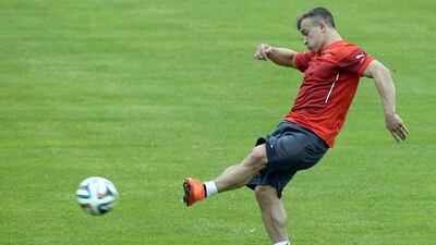 Xherdan Shaqiri trains with the Swiss national football team in Freienbach, Switzerland on Thursday in preparation for the 2014 World Cup. Walter Bieri / EPA / May 22, 2014
