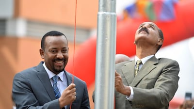 Mr. Ahmed and Eritrea's President Isaias Afwerki attend the re-opening of the Eritrean embassy in Addis Ababa on July 16, 2018. EPA