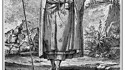 An engraving of Danish traveller Carsten Niebuhr in Arab dress, during his journey in Yemen.