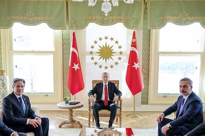 Turkish President Recep Tayyip Erdogan meets US Secretary of State Antony Blinken in the presence of Turkish Foreign Minister Hakan Fidan in Istanbul on Saturday. AFP