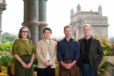 From left: Emma Thomas, Tom Holland, Matt Damon and Christopher Nolan at a photocall for The Odyssey in Mumbai. Getty Images
