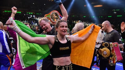 Katie Taylor celebrates after defeating Amanda Serrano for the world lightweight titles at Madison Square Garden on April 30, 2022 in New York City. AFP