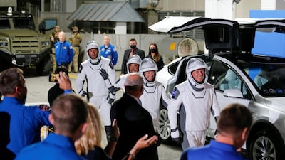 Nasa astronauts Shane Kimbrough and Megan McArthur, Jaxa astronaut Akihiko Hoshide and Esa astronaut Thomas Pesquet arrive to board the SpaceX Falcon 9 rocket. Reuters