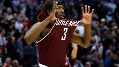 DENVER, CO - MARCH 17: Josh Hagins #3 of the Arkansas Little Rock Trojans reacts during the game against the Purdue Boilermakers during the first round of the 2016 NCAA Men's Basketball Tournament at the Pepsi Center on March 17, 2016 in Denver, Colorado. Justin Edmonds/Getty Images/AFP== FOR NEWSPAPERS, INTERNET, TELCOS & TELEVISION USE ONLY ==
