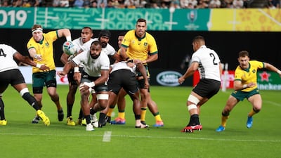 Peceli Yato of Fiji passes the ball during the Rugby World Cup 2019 Group D game between Australia and Fiji at Sapporo Dome, Sapporo, Hokkaido, Japan. Getty Images