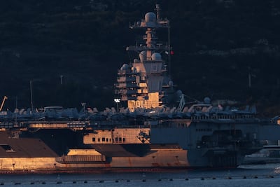 Aircraft stand on the USS Gerald R Ford aircraft carrier as it arrives at Souda Bay on the island of Crete. Reuters