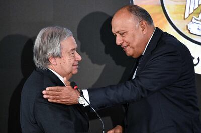 UN Secretary-General Antonio Guterres (L) and Egypt's Foreign Minister Sameh Shoukry after addressing a news onference at the New Administrative Capital east of Cairo on March 24, 2024. AFP