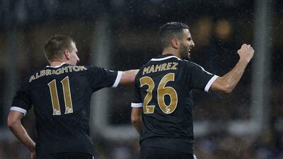 Leicester City's Riyad Mahrez celebrates scoring their second goal against Everton on Saturday in the Premier League. Phil Noble / Reuters