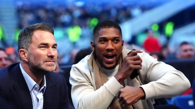 Anthony Joshua with promoter Eddie Hearn and in the stands at Tottenham Hotspur Stadium for Tyson Fury's fight against Arslanbek Makhmudov. PA