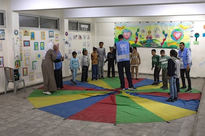 Visually impaired children play at the Al Noor Centre in Deir Al Balah, central Gaza. EPA