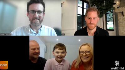 The WellChild video chat between the Duke of Sussex and Tony Hudgell, with his adoptive mother and father, Paula and Mark Hudgell. PA
