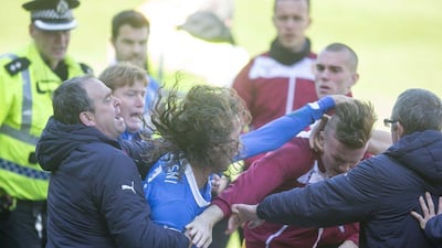 Bilel Mohsni, in blue, of Rangers clashes with Motherwell players during the Scottish Premiership play-off final second leg between Motherwell and Rangers at Fir Park on May 31, 2015 in Motherwell, Scotland. (Photo by Jeff Holmes/Getty Images)