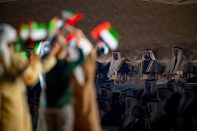 From right, President Sheikh Mohamed, Sheikh Mohammed bin Rashid, Vice President, Prime Minister and Ruler of Dubai, and Sheikh Hamad bin Mohammed Al Sharqi, Ruler of Fujairah, at the 54th Eid Al Etihad celebrations at Zayed National Museum. Photo: Omar Al Askar / UAE Presidential Court