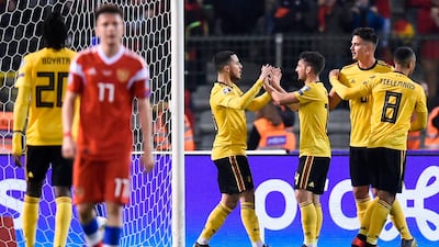 Hazard celebrates with Dries Mertens, third right, and teammates after scoring a goal. AFP