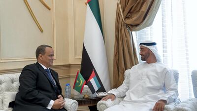 Sheikh Mohamed bin Zayed meets Ismail Ould Cheikh Ahmed, Minister of Foreign Affairs of Mauritania, during a Sea Palace barza. Mohamed Al Hammadi / Ministry of Presidential Affairs