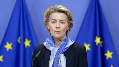 Ursula von der Leyen, European Commission president, holds a news conference in Brussels, Belgium to announce a deal has been reached between the EU and UK.