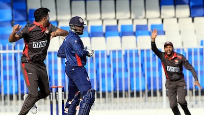 Junaid Siddique celebrates after dismissing Steven Taylor of USA. Satish Kumar/ For The National