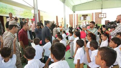 Yemeni prime minister Khalid Bahah visits Al Baihani primary in Aden for the start of the school year yesterday. Mohammed Al Qalisi / The National