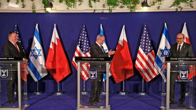 US Secretary of State Mike Pompeo, Israeli Prime Minister Benjamin Netanyahu, and Bahrain's Foreign Minister Abdullatif Al Zayani address a press conference after their meeting in Jerusalem on November 18, 2020. EPA