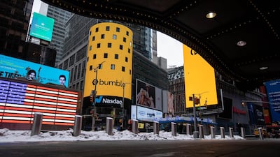 Bumble’s logo in New York. Dating platforms are an example of cyclical stocks with appeal that could grow as people start to meet again Bloomberg