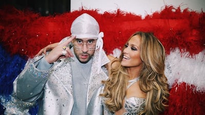 Bad Bunny and Jennifer Lopez backstage at Super Bowl LIV on February 2, 2020. Instagram / Bad Bunny