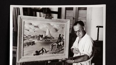 Mahmoud Said at his studio in Ginaclis, Alexandria, painting Bain de Chevaux a Rosette in 1950. Photo by Henri El Kayem