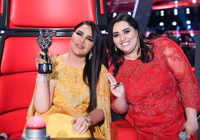 Dumooa Tahseen, right, celebrated victory in 2018 with her mentor, the Emirati singer Ahlam, left. Photo: MBC