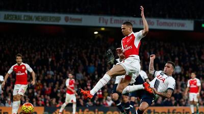 Kieran Gibbs of Arsenal scores his side’s first goal. Julian Finney / Getty Images