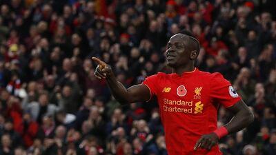 Liverpool’s Sadio Mane celebrates scoring their fifth goal. Phil Noble / Reuters