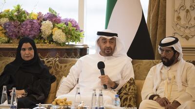 Sheikh Mohammed bin Zayed receives businessmen who contributed to Sandooq Al Watan. With him are Sheikh Tahnoon bin Mohammed, Ruler’s Representative of the Eastern Region of Abu Dhabi, and Dr Amal Abdullah Al Qubaisi, Speaker of the Federal National Council. Hamad Al Kaabi / Crown Prince Court - Abu Dhabi