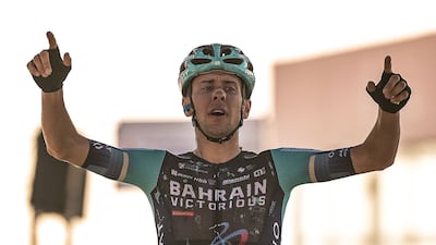 Bahrain Victorious rider Antonio Tiberi celebrates winning Stage 3 of the UAE Tour. AFP