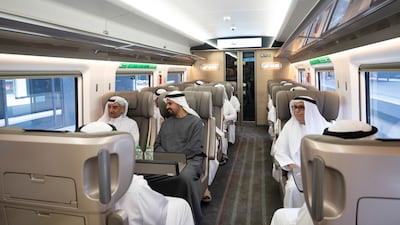 Sheikh Hamad bin Mohammed Al Sharqi, Ruler of Fujairah, Sheikh Mohammed bin Hamad Al Sharqi, Crown Prince of Fujairah, and Sheikh Theyab bin Mohamed, Deputy Chairman of the Presidential Court for Development and Fallen Heroes' Affairs, and chairman of Etihad Rail, on the train leaving Fujairah station. Photo: Wam