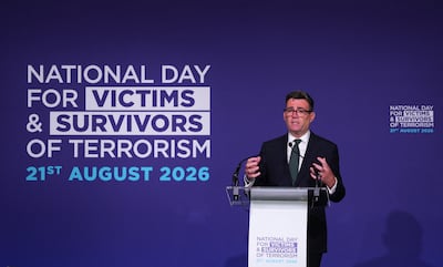 UK Prime Minister Andy Burnham speaking at the first National Day for Victims and Survivors of Terrorism event at Lancaster House in London. Getty