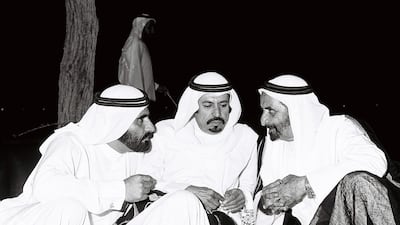 Sheikh Mohammed bin Rashid is seen with Sheikh Rashid during a visit to the Northern Emirates in 1980. Courtesy Aletihad